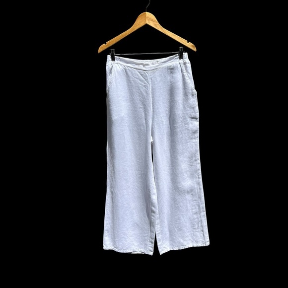 🌻MATCH POINT Bright White Wide Leg Casual Linen Pull-Up Lagenlook Pants Size M - Picture 1 of 5